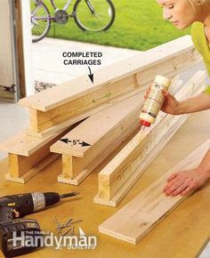 a woman is working on some wood with the words, how to build a bench