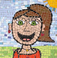 a mosaic portrait of a woman with green eyes and brown hair, wearing an orange top