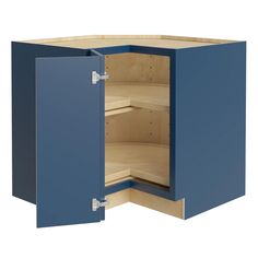 a blue cabinet with two open doors