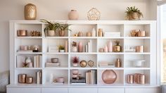 a living room filled with lots of white bookshelves covered in pink and gold vases