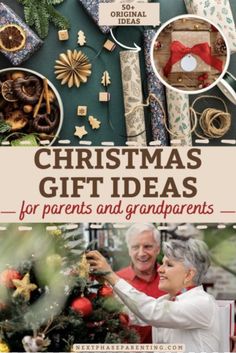 the cover of christmas gifts for parents and grandparents, with an older couple decorating a tree