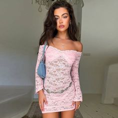 NEW STYLE Perspective Lace Sexy Party Dress Women Off Shoulder Mini 2024 Autumn Winter Dress Slim Bodycon Dresses Vestidos [update 2024 1014] Evening Mini Dresses, Flare Sleeve Dress, Mini Dresses For Women, Lace Mini Dress, Club Dresses, Glamorous Evening Gowns, Lace Sleeves, Mini Dress Party, Bodycon Mini Dress