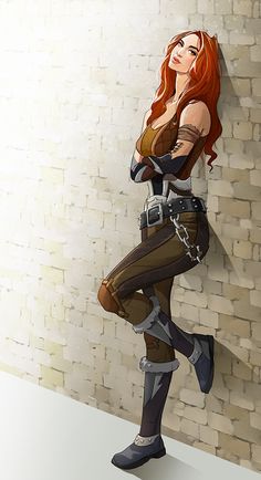 a woman with red hair is standing in front of a brick wall