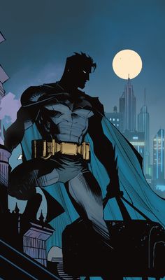 a batman standing on top of a roof in front of a cityscape at night