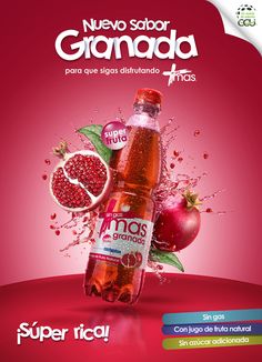 a bottle of soda with pomegranates and leaves on the side, in front of a red background