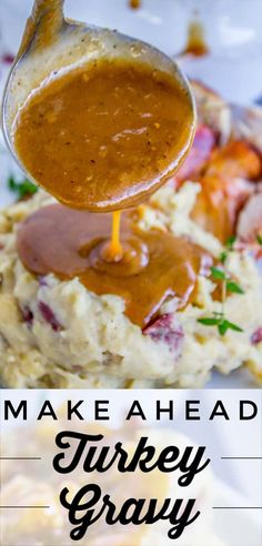 a spoon pouring gravy onto mashed turkey