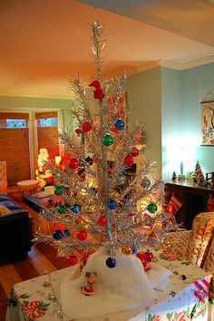 a christmas tree is sitting on a table