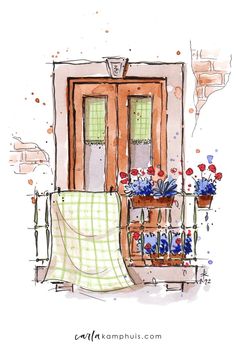 a drawing of a porch with flowers and a blanket