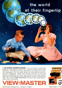 an advertisement for the view - master camera with two children