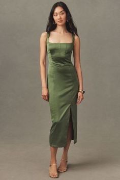 Sophisticated Dress Formal, Sage Green Casual Dress, House Of Cb Green Dress, Formal Guest Wedding Dress, Formal Fall Wedding Guest Dress, Gold Wedding Guest Dress, Midi Dress Formal Wedding Guest, Fall Wedding Guest Attire, Gold Wedding Guest Dresses