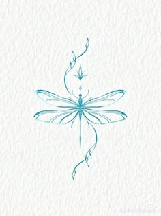 a drawing of a blue dragonfly sitting on top of a white paper with the word,