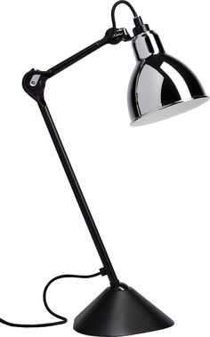 a black desk lamp with a chrome shade on the base and a white light behind it