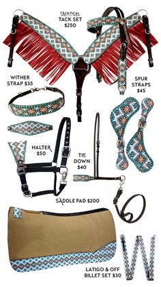 an assortment of horse accessories including bridles, halters, reins and more