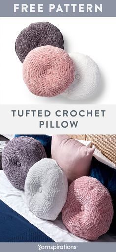 four knitted crochet pillows with the text, free pattern tuffed crochet pillow