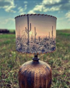 a lamp shade that is sitting on top of a fire hydrant in the grass