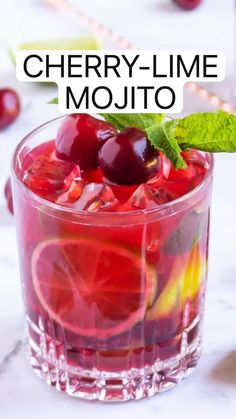 cherry lime mojito in a glass with mint garnish