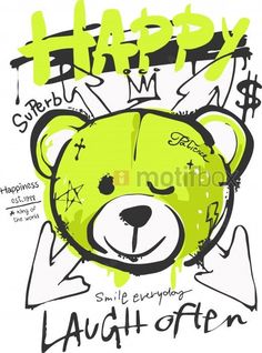 a green teddy bear with graffiti on it's face and the words happy birthday