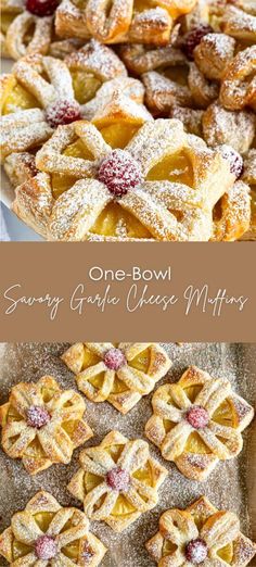 several different types of pies and pastries are shown in this collage with the words, one bowl