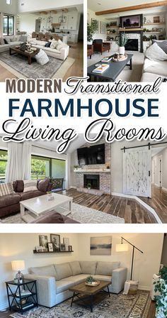 modern farmhouse living rooms are featured in this postcard style photo collage with text overlaying the image