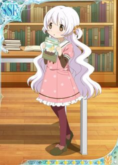 an anime character holding a book in front of a bookshelf