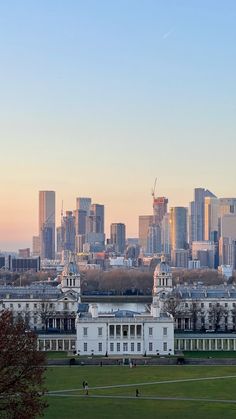 the city skyline is seen from across the park