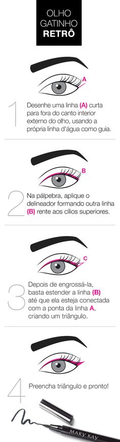 O olho gatinho retrô é um make clássico e que valoriza o look. Além de facilitar o traço usando o Delineador Líquido em Caneta Mary Kay®, esse passo a passo simplifica a forma como você pode fazer um delineado perfeito e na tendência do outono/inverno 2015. Retro Eyeliner, Make Up Primer, Eyeliner Tips, Makeup Store, Celebrity Makeup Artist, Make Beauty, Makeup Goals, Celebrity Makeup, Makati