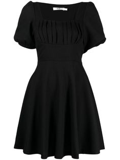 black cut-out detailing square neck short puff sleeves flared thigh-length straight hem Black Dress Modest, Black Dress Flowy, Little Black Dress Classy, Black Puff Sleeve Dress, Black Plain Dress, Dresses For Apple Shape, Ruby Gloom, Funeral Outfit, Black Bandage Dress