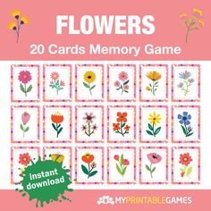 the flowers memory game is shown in pink and white with colorful flowers on it's sides