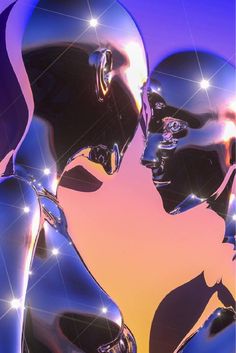 two metallic figures are facing each other in front of an orange and blue background with stars