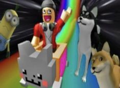 an animated image of a man and two dogs in front of a rainbow colored background