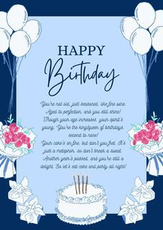 a happy birthday card with balloons and flowers on the blue background for someone's special day