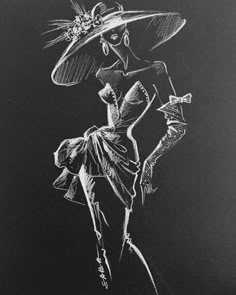 a black and white drawing of a woman in a hat