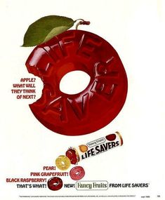 an advertisement for life savers with a red apple on the top and various candies around it