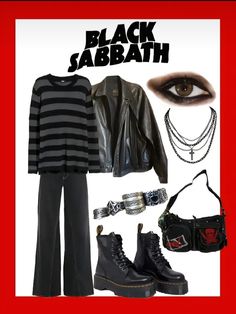 credits if you repost, outfit based on your fav band rockstar girlfriend aesthetic idea clothes black sabbath metal 80s Band Outfits