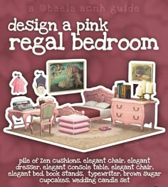 an advertisement for a bed room with furniture and decor on the front, in pink