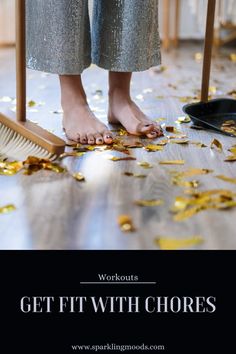 a woman is standing on the floor with her feet up and holding a broom in front of her