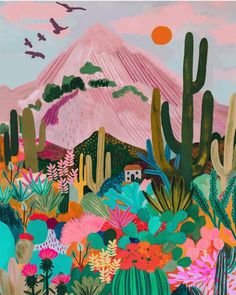 a painting of cactus and mountains with birds in the sky