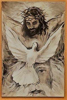 a drawing of jesus with doves in front of him and another man behind him