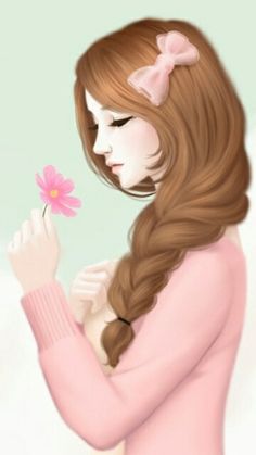 a girl with long hair holding a pink flower