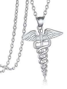 PRICES MAY VARY. § Design: Caduceus, as a symbol of medical care, exudes a mysterious and powerful charm. The image of the double snake winding the rod, coupled with vintage craftsmanship, gives people a sense of protection from history. § Material: Made with Top quality 316L stainless steel, does not tarnish and oxidize, durable and last-color retention, hypoallergenic, friendly to skin. § Size: Pendant length 44mm/1.7inch Chain length 55+5cm/22+2inch, total weight 13g. 3 color available, Steel Women Protection, Medical Sign, Medical Alert Necklace, Medical Jewelry, Nursing Necklace, Or Nurse, Protection Jewelry, Symbol Necklace, Nurse Doctor