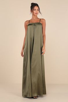 Modern Poise Olive Green Satin Pleated Sleeveless Maxi Dress Sleeveless Solid Satin Dress, Chic Solid Color Sleeveless Satin Dress, Strapless Satin Slip Dress For Summer, Spring Modal Satin Dress With Spaghetti Straps, Sleeveless Satin Evening Dress With Adjustable Straps, Summer Satin Maxi Dress With Spaghetti Straps, Sleek Satin Dress With Adjustable Straps, Green Sleeveless Satin Slip Dress, Satin Maxi Dress With Spaghetti Straps