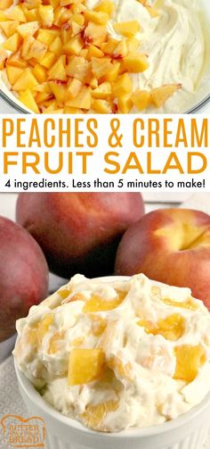 peaches and cream fruit salad in white bowls with text overlay that reads peaches and cream fruit salad 4 ingredients less than 5 minutes to make