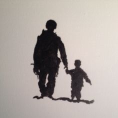 the shadow of a man and child are shown in black on a white paper background