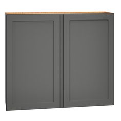 a gray cabinet with two doors and a wooden top