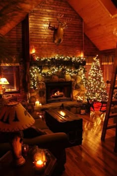 a living room filled with lots of furniture and christmas lights on the fireplace mantel