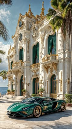 a green sports car parked in front of a large white building with gold trimmings