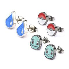 four pairs of pokemon cufflinks with blue and red designs on the front, one has