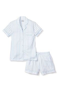 Cozy up in these luxurious pima-cotton pajamas patterned in timeless stripes that offer refined charm to your evening routine. Top has front button closure; notched collar; short sleeves; chest patch pocket Shorts have elastic waist 100% pima cotton Machine wash, tumble dry Made in Peru Knit Pajamas, Pajama Short Set, Pecking Order, Cotton Pajama Shorts, Pajama Short, Short Pajamas, Coastal Room, Bedtime Ritual, Pajama Pattern