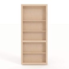 an empty wooden bookcase on a white background