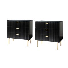 two black and gold dressers with brass handles on each side, one in the same color